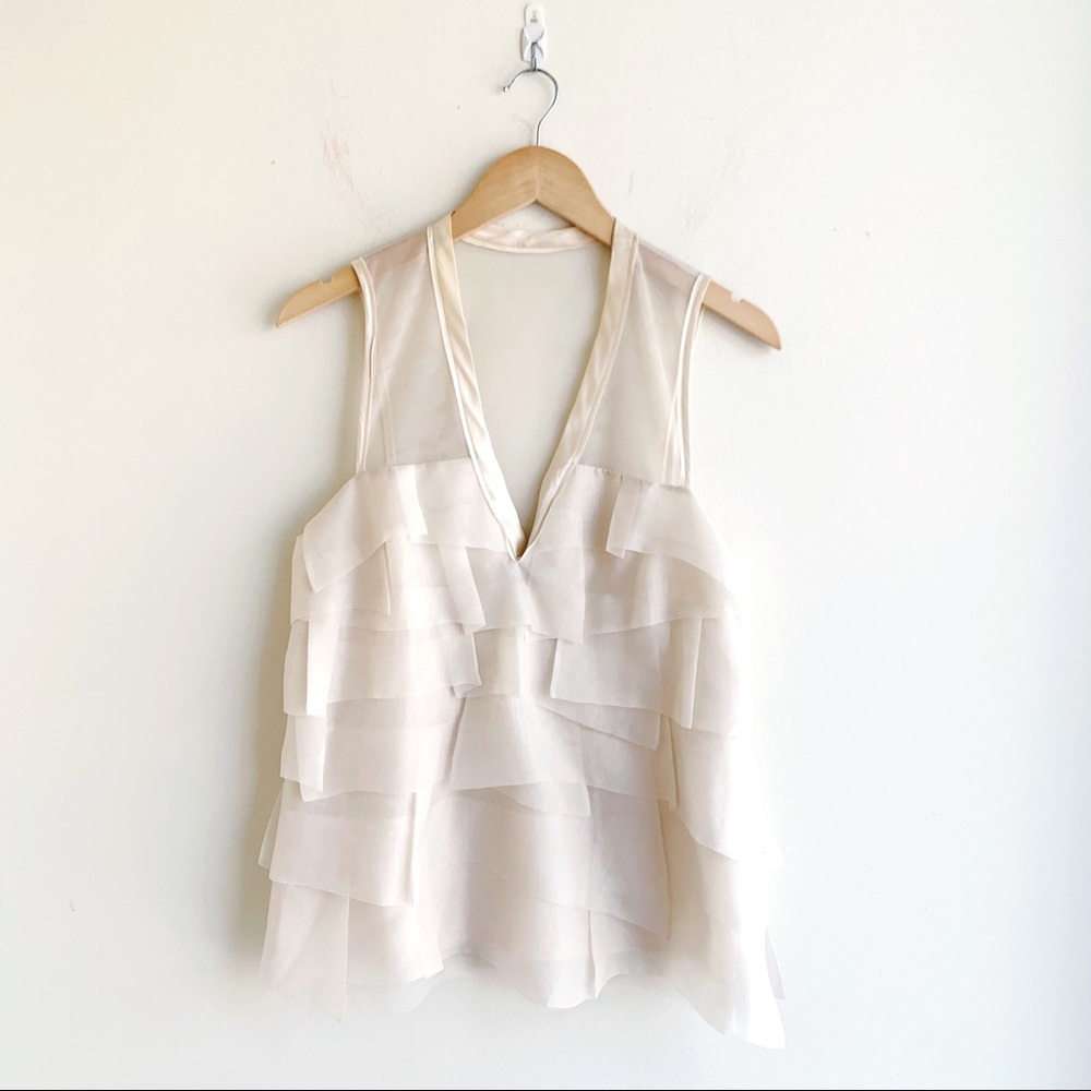 BCBGMaxAzria Taffeta Ruffle Deep V Tank Top